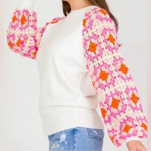 Zara White Sweater with Pink and Orange Crochet Sleeves